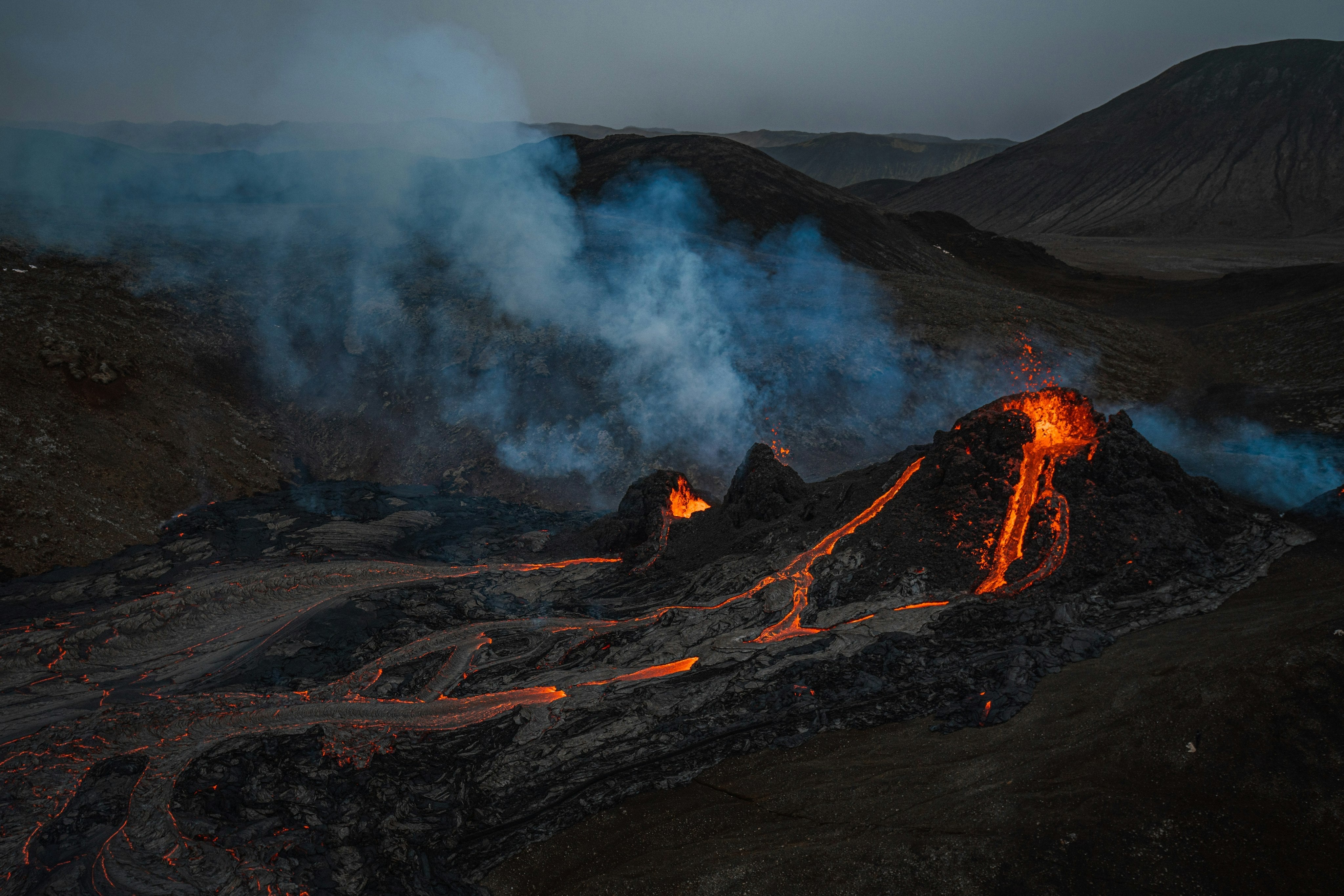 A volcano erupts
